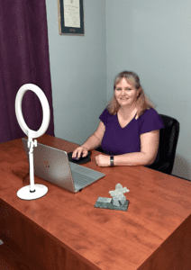 Hilda Rodgers at her desk redy for a video call