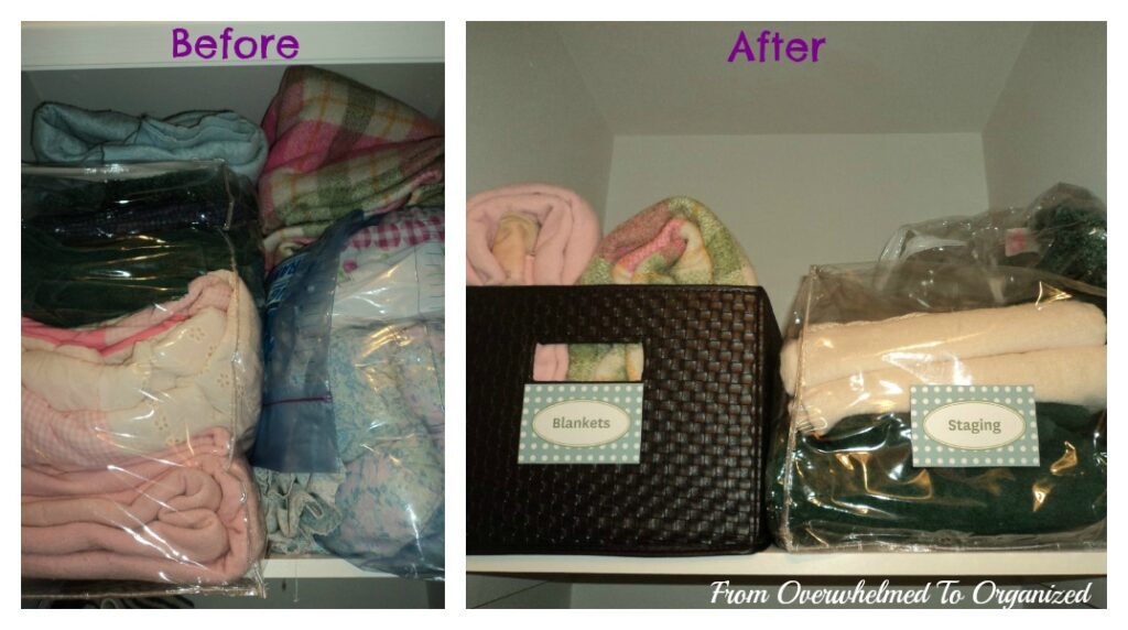 Blankets in linen closet before and after organization. 