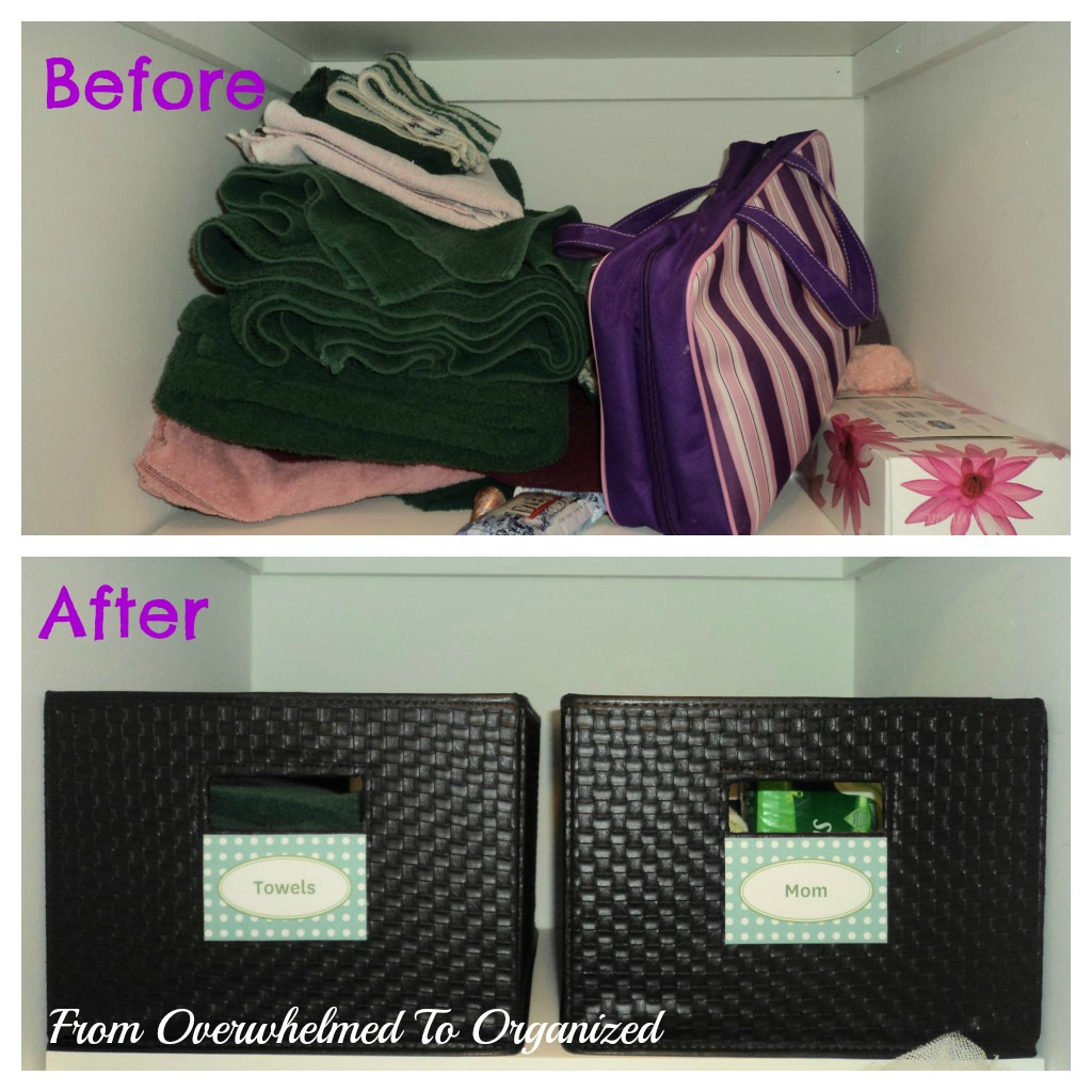 Towels and toiletries in linen closet before and after organization. 