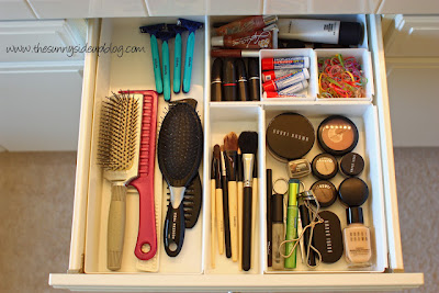 Makeup organized with drawer organizers.