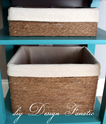 DIY baskets made with cardboard boxes, cord and fabric. 