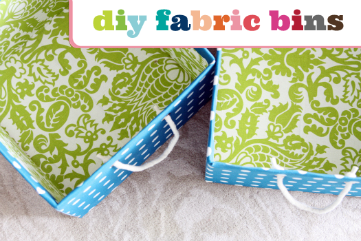 DIY fabric bins. Repurposed boxes decorated with patterned fabric.