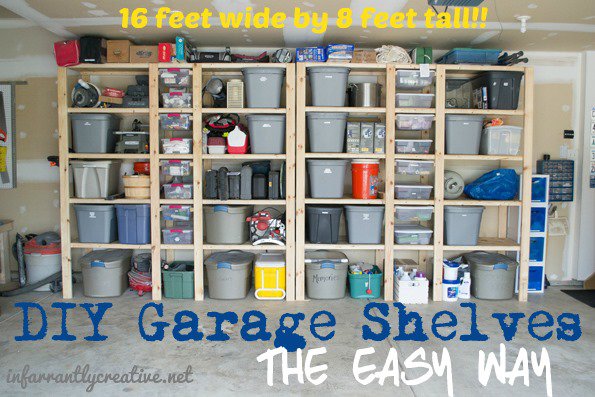 DIY Garage Shelves - The Easy Way.
infarrantlycreative.net
16 feet wide by 8 feet tall!
Wall of garage shelves made with 2x4 wood.