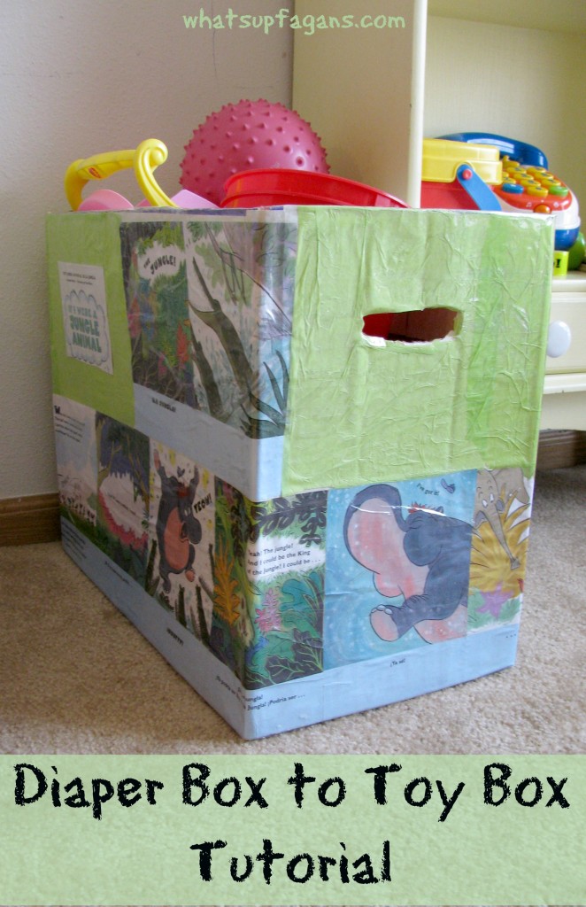 Diaper box to toy box tutorial. Diaper box covered with pages from a story book. 