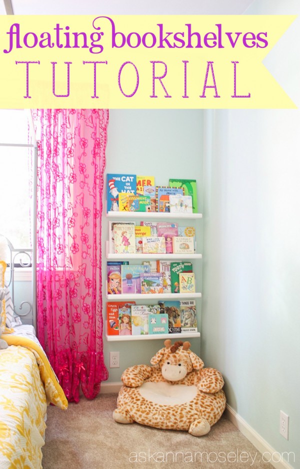 Floating bookshelves tutorial. Askannamoseley.com Thin shelves attached to wall in children's room beside pink curtained window, holding picture books. 
