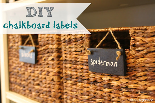 DIY Chalkboard Labels. Rectangular baskets with square chalkboard labels.