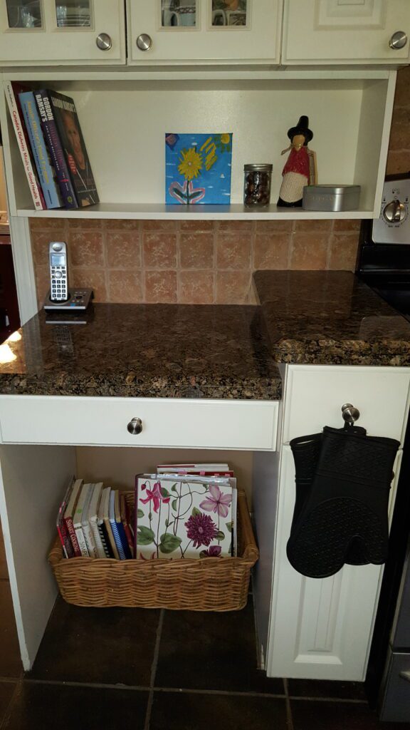 Kitchen desk after decluttering and organizing.