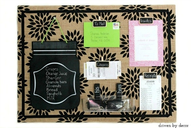 Driven by decor. Floral printed burlap covered message board with 