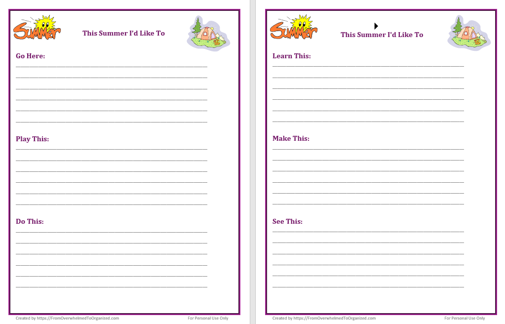 Summer brainstorming ideas printable. 
Titled: this summer I'd like to. Learn this, make this, see this. 