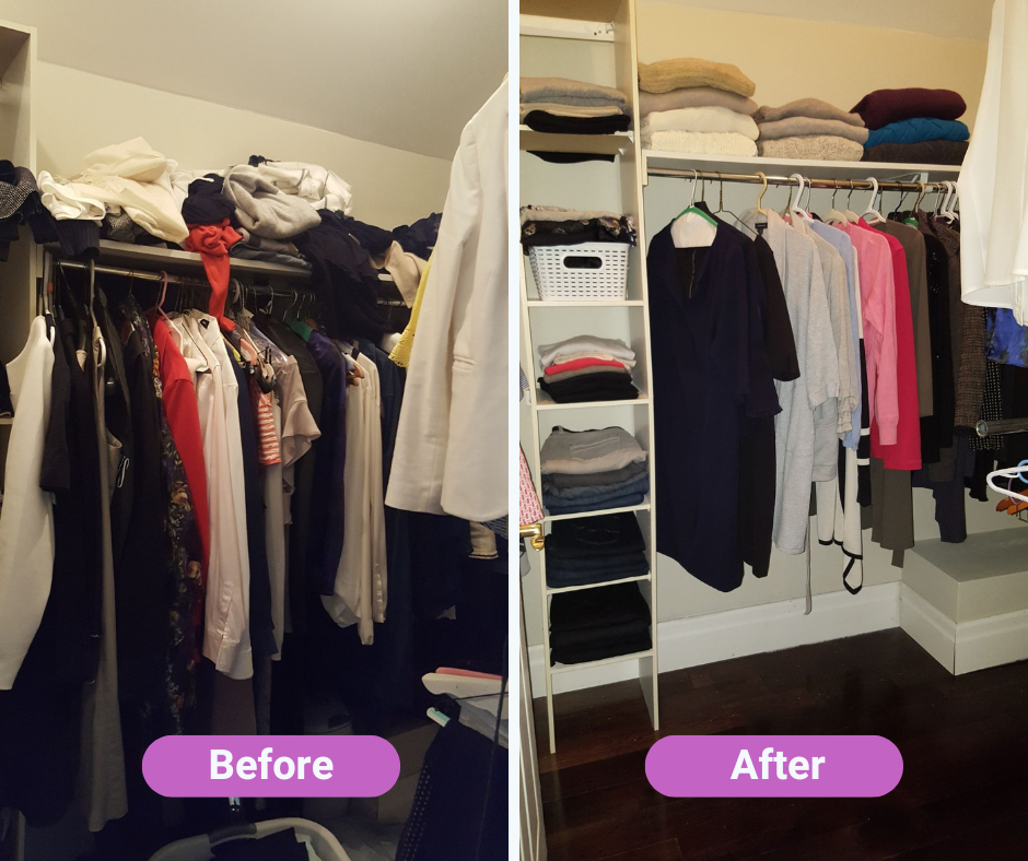 Closet organization before and after.